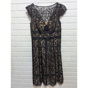 Loft Women's Black Lace & Nude Colored Lining V-Neck Cap-Sleeve Shift Dress Size
